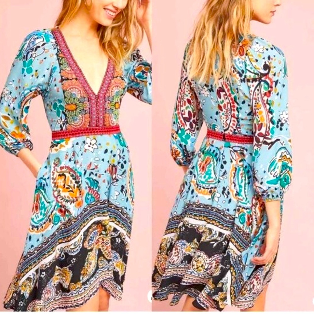 Akemi + Kin Floral V-Neck Bohemian Embroidered Vibrant Dress
